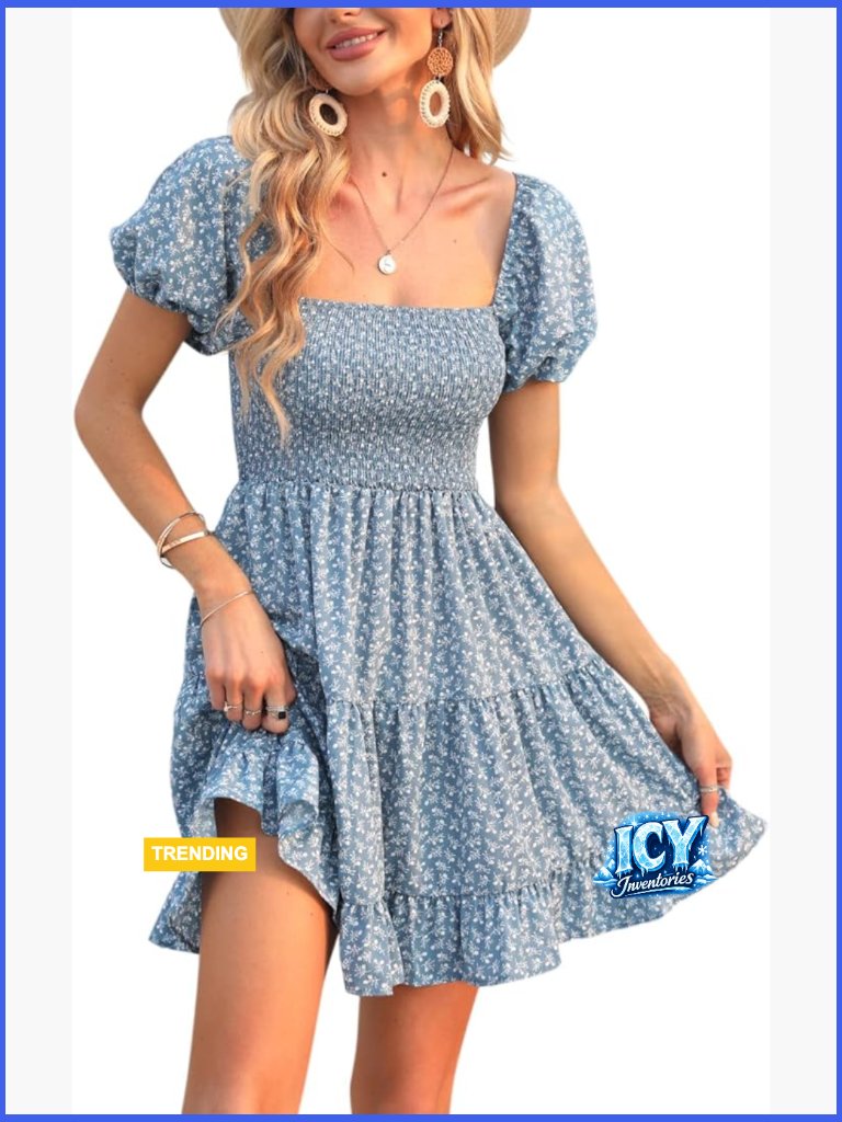 Polyester Puff Sleeve Square Neck Smocked Babydoll Mini Dress